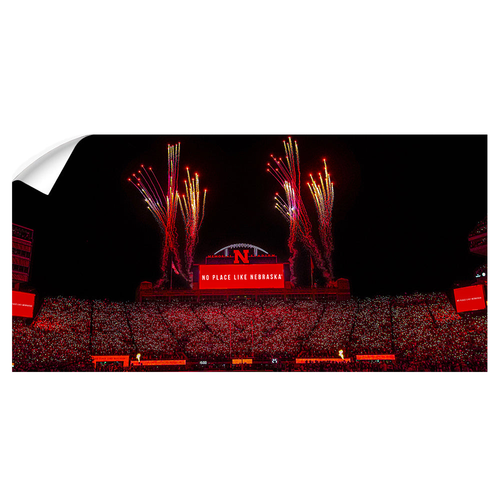 Nebraska Cornhuskers - Light Up Memorial Stadium Panoramic - College Wall Art #Canvas