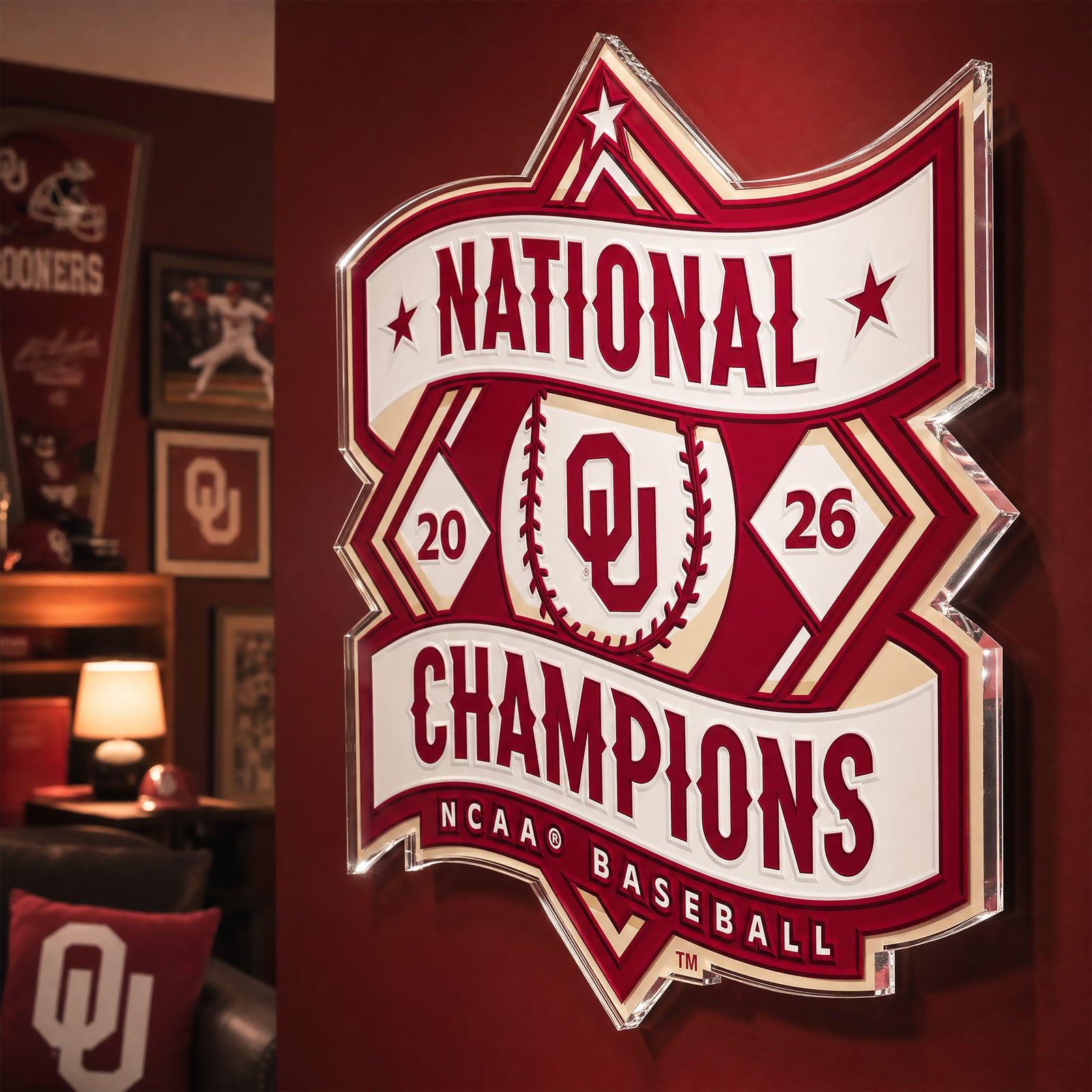 Oklahoma Sooners - Baseball National Champions Logo Single Layer Acrylic Dimensional Wall Art