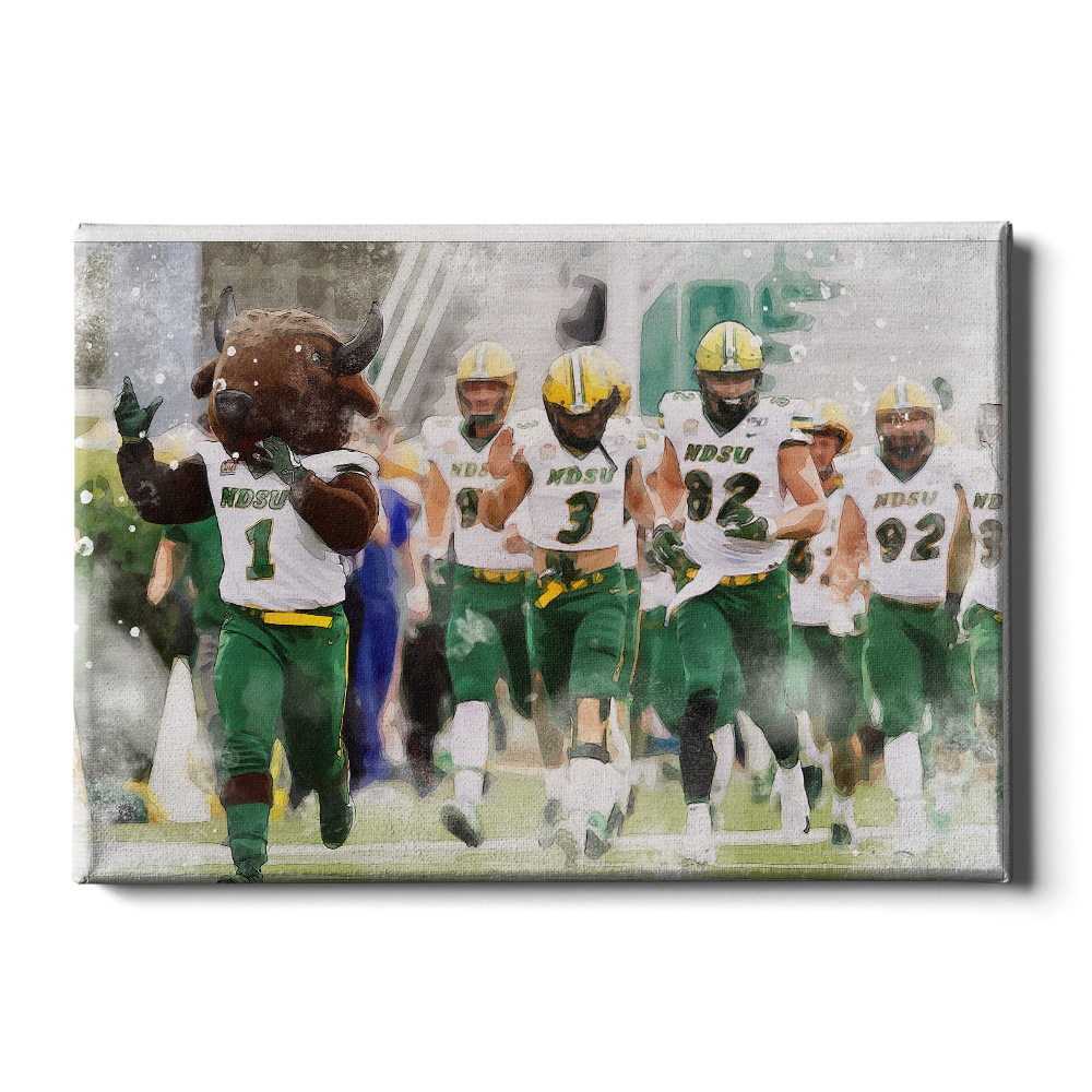 North Dakota State Bisons - NDSU Running onto the Field Water Color - College Wall Art #Canvas