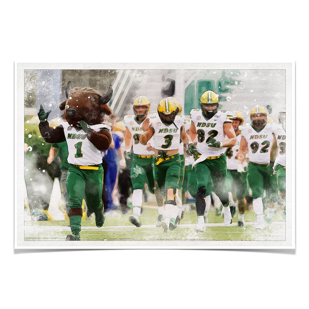 North Dakota State Bisons - NDSU Running onto the Field Water Color - College Wall Art #Canvas